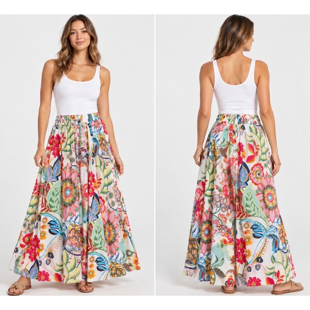 Zara Floral Tropical Print Linen Blend Maxi Skirt XS Boho Drawstring Waist